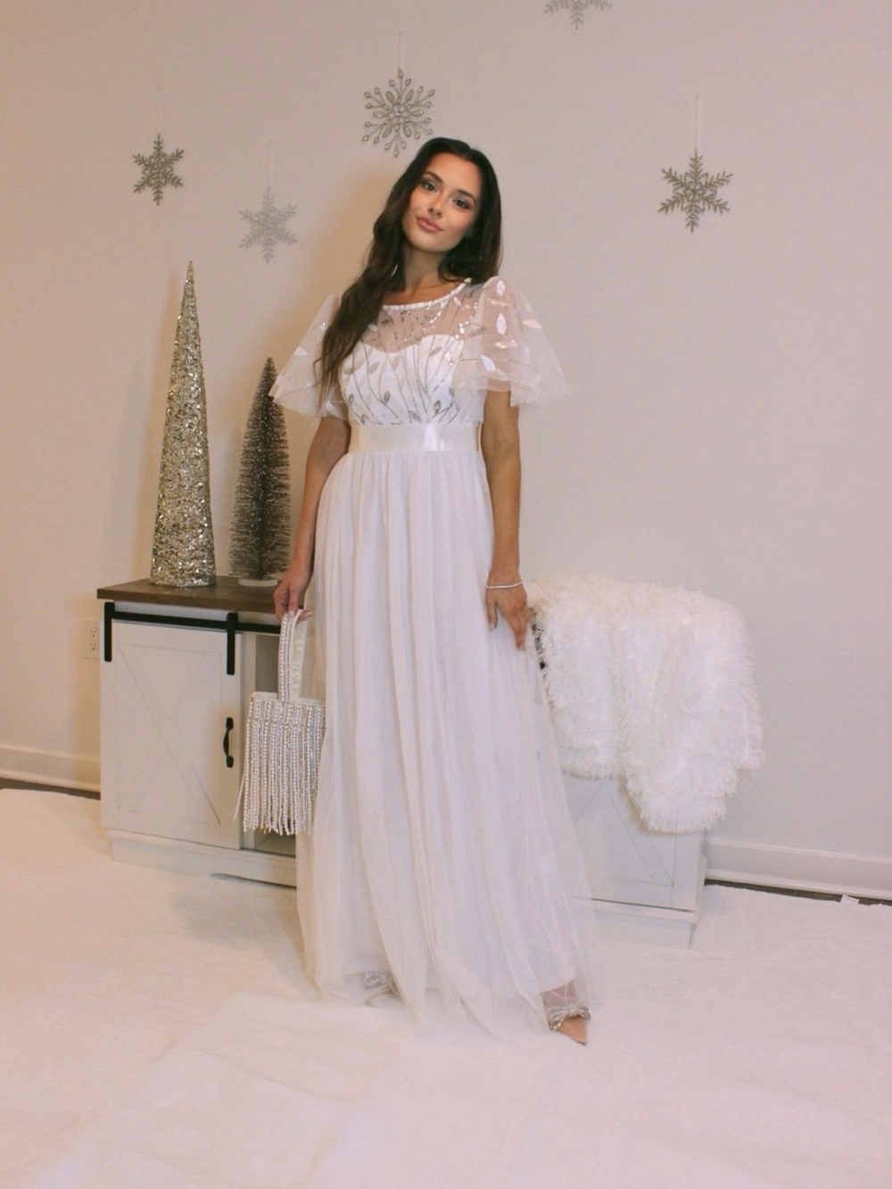 Ever Pretty White Tulle Bridal Gown with Sheer Embellished Bodice